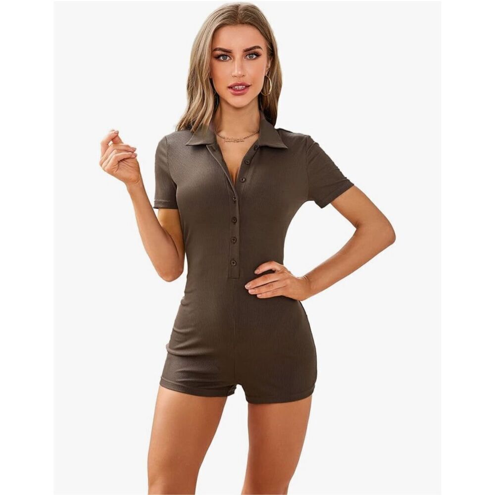 NEW Button Front Collar Short Sleeve Bodycon Romper M